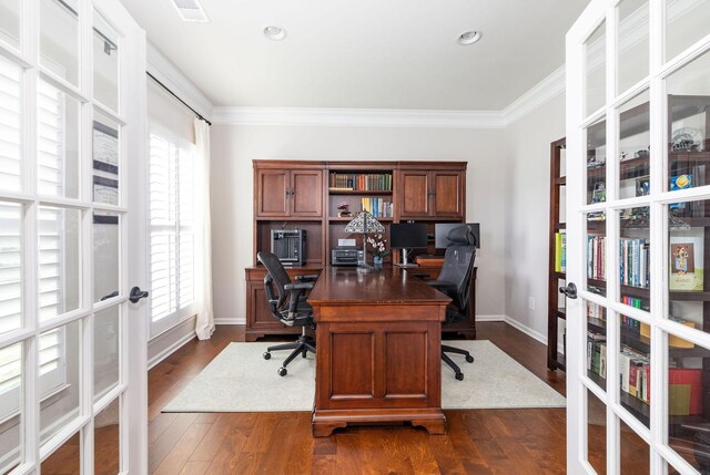 6050 Huntmere Ave, Franklin, TN 37064 - office area featuring french doors, crown molding, dark wood-type flooring, and baseboards