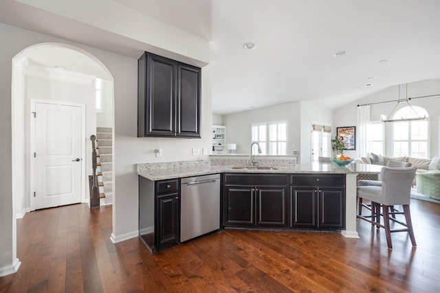 6050 Huntmere Ave, Franklin, TN 37064 - kitchen featuring dishwasher, a sink, dark wood-style flooring, light stone countertops, and recessed lighting