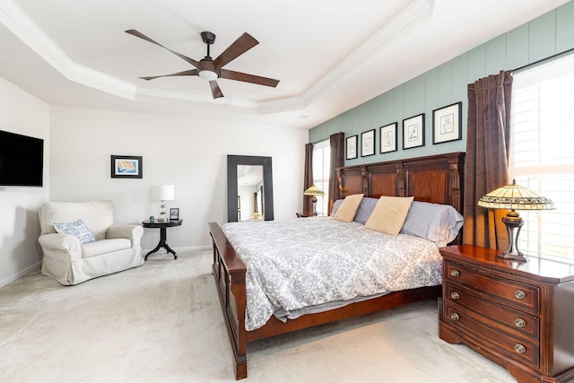 6050 Huntmere Ave, Franklin, TN 37064 - bedroom featuring ornamental molding, a raised ceiling, light carpet, baseboards, and ceiling fan