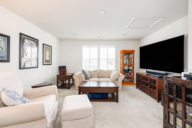 6050 Huntmere Ave, Franklin, TN 37064 - living room featuring light carpet, attic access, and recessed lighting