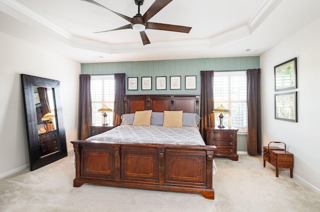 6050 Huntmere Ave, Franklin, TN 37064 - bedroom featuring a raised ceiling, crown molding, light colored carpet, baseboards, and ceiling fan