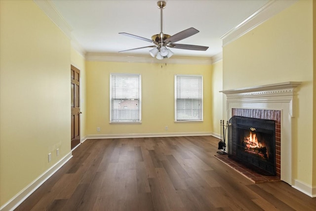 2101 Benton Hall Ct, Columbia, TN 38401 - unfurnished living room with a fireplace, crown molding, dark wood-style floors, a ceiling fan, and baseboards