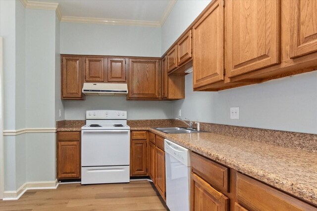 2101 Benton Hall Ct, Columbia, TN 38401 - kitchen featuring white appliances, a sink, ventilation hood, light wood-style flooring, and crown molding