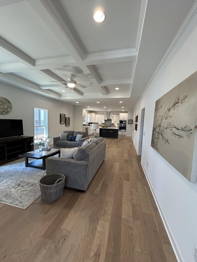 6705 Major Hutchings Dr, Hermitage, TN 37076 - living area with coffered ceiling, dark wood-type flooring, beam ceiling, ceiling fan, and recessed lighting