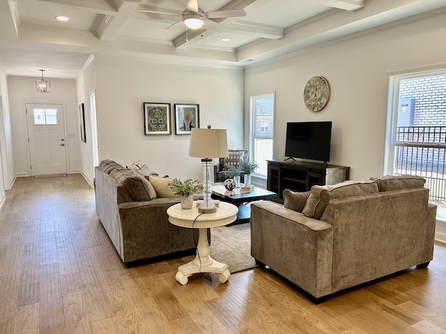 6705 Major Hutchings Dr, Hermitage, TN 37076 - living area with coffered ceiling, healthy amount of natural light, ceiling fan, light wood finished floors, and beam ceiling