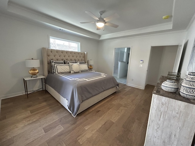 6705 Major Hutchings Dr, Hermitage, TN 37076 - bedroom with a raised ceiling, crown molding, wood finished floors, baseboards, and ceiling fan