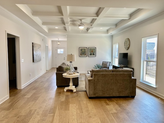 6705 Major Hutchings Dr, Hermitage, TN 37076 - living area featuring beamed ceiling, healthy amount of natural light, light wood-type flooring, baseboards, and coffered ceiling