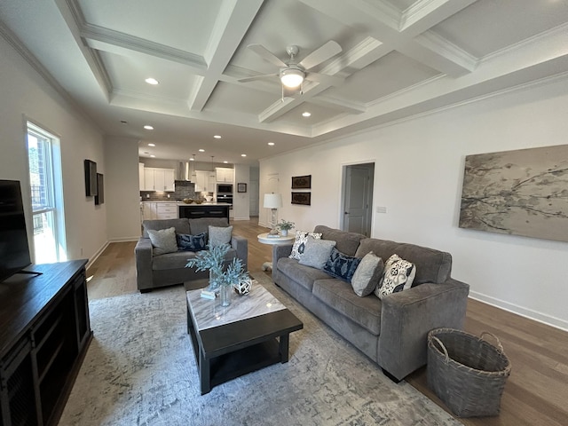 6705 Major Hutchings Dr, Hermitage, TN 37076 - living area featuring wood finished floors, coffered ceiling, a ceiling fan, beamed ceiling, and baseboards