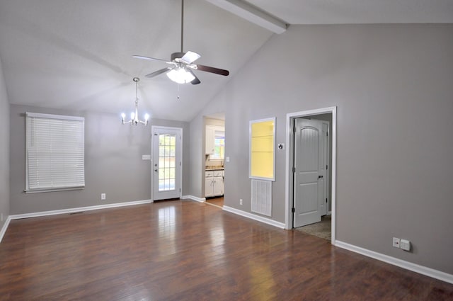 545 Donna Dr, Clarksville, TN 37042 - unfurnished living room with a ceiling fan, beam ceiling, a chandelier, wood finished floors, and baseboards