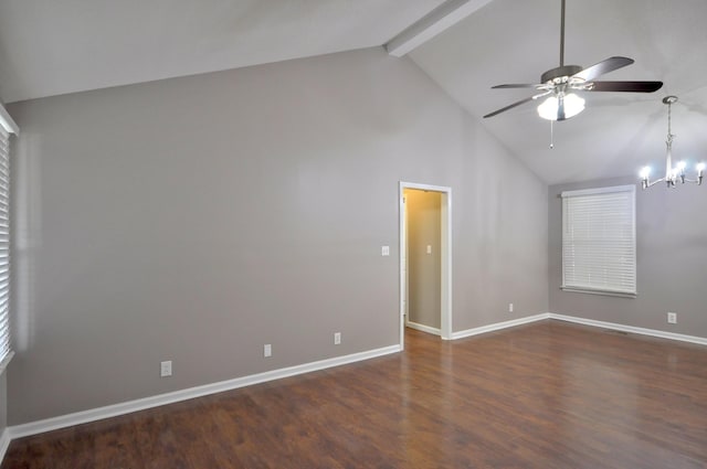545 Donna Dr, Clarksville, TN 37042 - empty room with a ceiling fan, wood finished floors, beamed ceiling, high vaulted ceiling, and a chandelier