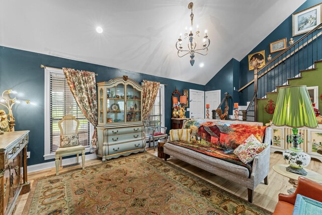 1313 Stayton Rd, Cumberland Furnace, TN 37051 - bedroom featuring wood finished floors, a chandelier, vaulted ceiling, baseboards, and recessed lighting