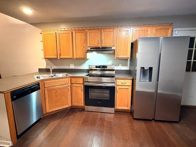 4520 Mount Zoar Latham Rd, Hopkinsville, KY 42240 - kitchen with appliances with stainless steel finishes, a sink, under cabinet range hood, dark wood-type flooring, and recessed lighting