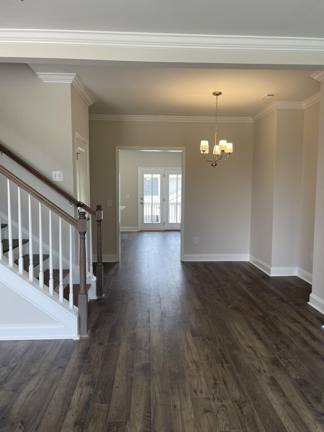 332 Savoy Loop, Nolensville, TN 37135 - unfurnished room featuring a chandelier, dark wood-type flooring, stairs, baseboards, and ornamental molding
