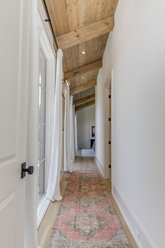 1302 Pillow St, Nashville, TN 37203 - hallway with wood ceiling with exposed beams, light wood-type flooring, baseboards, and recessed lighting