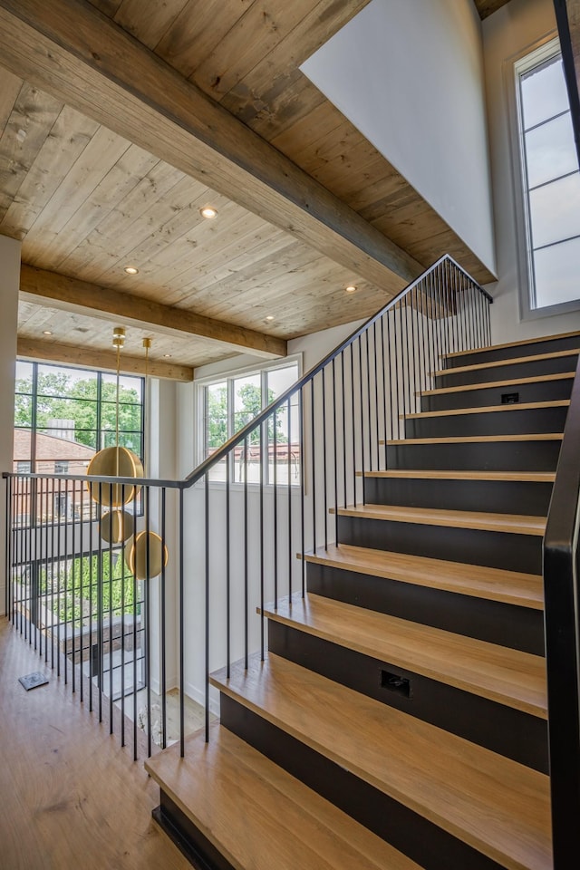 1302 Pillow St, Nashville, TN 37203 - stairway featuring wood finished floors, wood ceiling with exposed beams, and recessed lighting