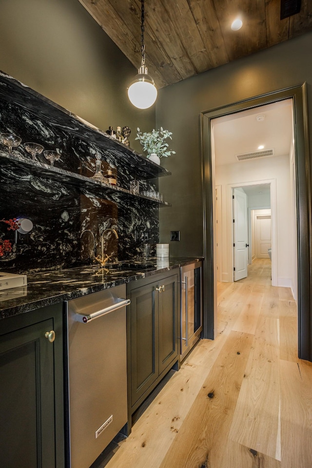 1302 Pillow St, Nashville, TN 37203 - indoor wet bar with wine cooler, light wood-style floors, pendant lighting, wood ceiling, and dishwasher