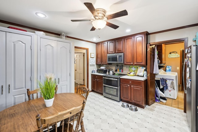 100 Townview Dr, Smyrna, TN 37167 - kitchen with stainless steel appliances, ceiling fan, ornamental molding, recessed lighting, and light countertops