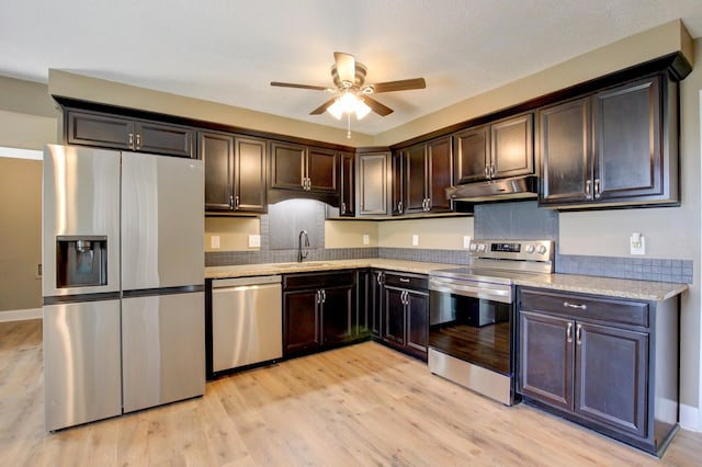 1783 Forrestdale Dr, Clarksville, TN 37042 - kitchen with stainless steel appliances, under cabinet range hood, a sink, a ceiling fan, and light wood-type flooring
