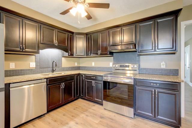 1783 Forrestdale Dr, Clarksville, TN 37042 - kitchen featuring stainless steel appliances, under cabinet range hood, a sink, ceiling fan, and light wood-style floors