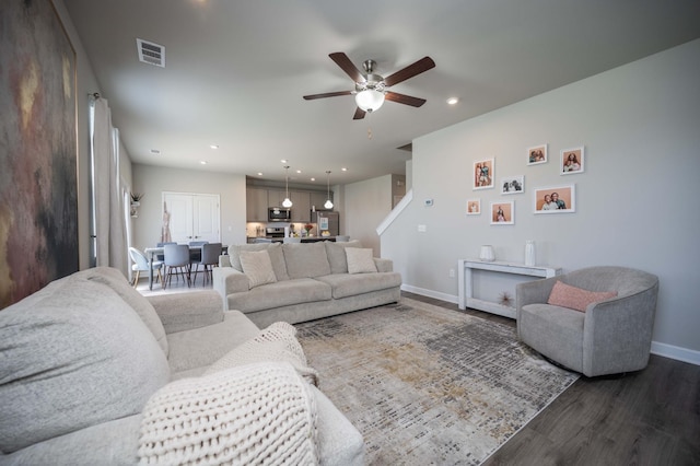430 Burnley Way, Murfreesboro, TN 37128 - living room with dark wood finished floors, baseboards, a ceiling fan, recessed lighting, and stairs