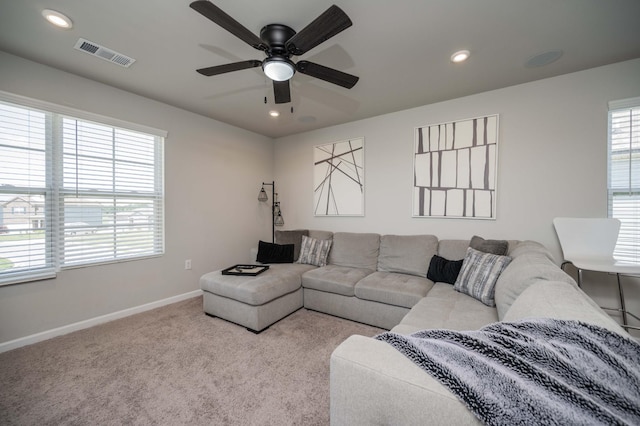 430 Burnley Way, Murfreesboro, TN 37128 - living room featuring ceiling fan, baseboards, carpet flooring, and recessed lighting