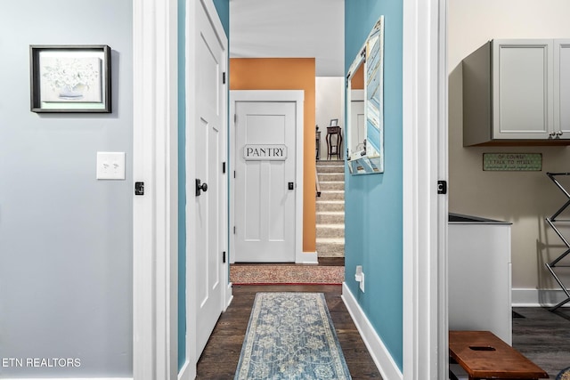 569 Station Circle Cir, Tullahoma, TN 37388 - hall featuring dark wood-style floors, baseboards, and stairway
