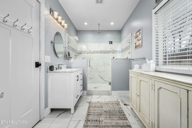 569 Station Circle Cir, Tullahoma, TN 37388 - full bathroom with marble finish floors, a shower stall, vanity, and recessed lighting