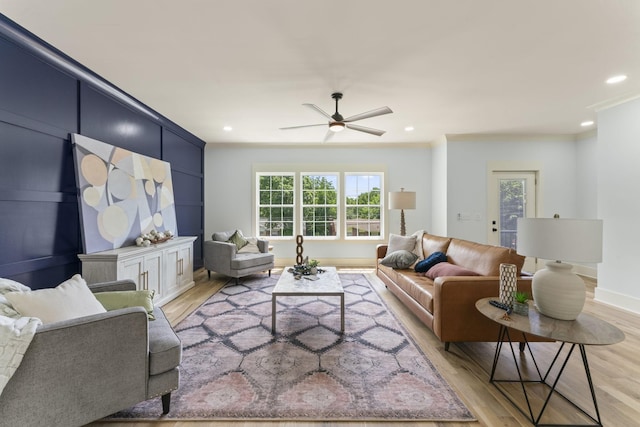 712 N 5th St, Nashville, TN 37207 - living room featuring ornamental molding, light wood finished floors, ceiling fan, baseboards, and recessed lighting