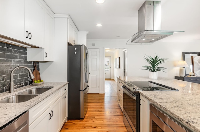 109 Pebble Creek Rd, Franklin, TN 37064 - kitchen featuring stainless steel appliances, island exhaust hood, a sink, light wood-style floors, and white cabinets