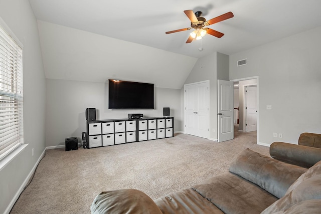 2034 Lincoln Rd, Spring Hill, TN 37174 - carpeted living room with vaulted ceiling, a ceiling fan, and baseboards