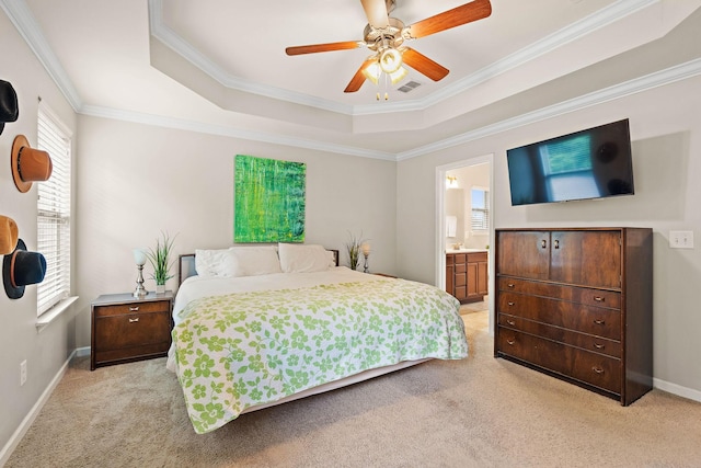 2034 Lincoln Rd, Spring Hill, TN 37174 - bedroom with light carpet, a raised ceiling, ornamental molding, baseboards, and ensuite bathroom