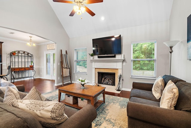 2034 Lincoln Rd, Spring Hill, TN 37174 - living area with wood finished floors, high vaulted ceiling, a fireplace, a ceiling fan, and baseboards