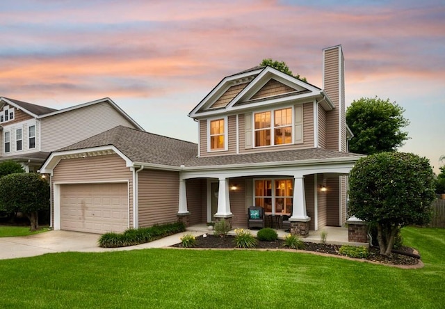 4641 Cather Ct, Nashville, TN 37214 - craftsman inspired home with covered porch, a chimney, a garage, concrete driveway, and a yard
