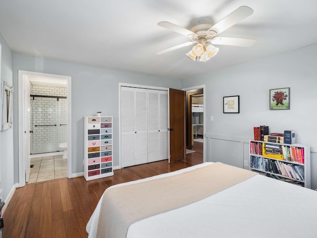 2521 Greens Mill Rd, Columbia, TN 38401 - bedroom featuring wood finished floors, a closet, ensuite bath, and ceiling fan