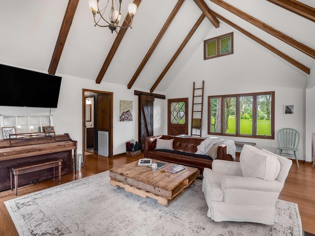 2521 Greens Mill Rd, Columbia, TN 38401 - living room with a chandelier, high vaulted ceiling, wood finished floors, and beamed ceiling