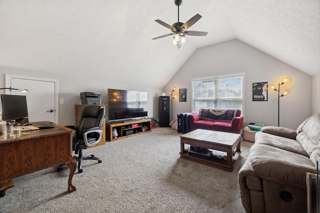 1179 Viewmont Dr, Clarksville, TN 37040 - living area with carpet flooring, an office area, a ceiling fan, and lofted ceiling