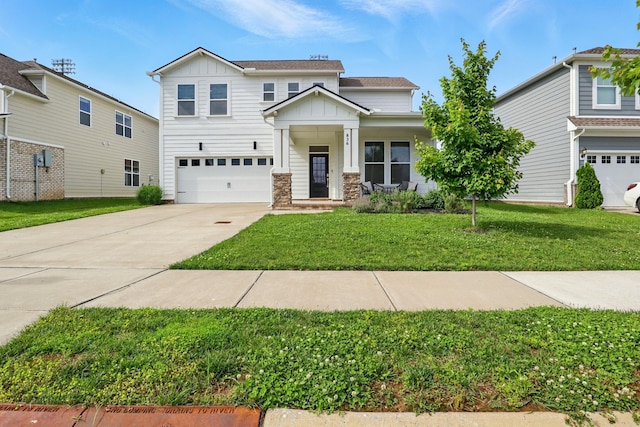 836 Ewell Farm Dr, Spring Hill, TN 37174 - craftsman house featuring board and batten siding, an attached garage, driveway, a front lawn, and stone siding