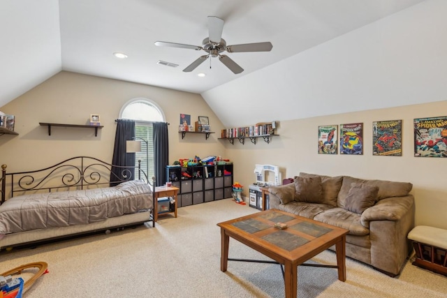 2931 Runnymeade Dr, Murfreesboro, TN 37127 - carpeted living room featuring vaulted ceiling, a ceiling fan, and recessed lighting