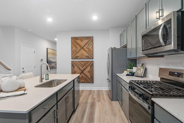 188 Millbrook Dr, Spring Hill, TN 37174 - kitchen with stainless steel appliances, a sink, gray cabinetry, light wood finished floors, and recessed lighting