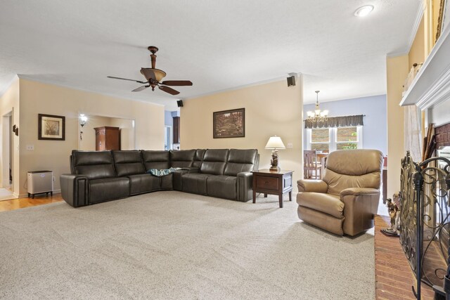 3615 Legacy Dr, Springfield, TN 37172 - living room featuring carpet floors, a chandelier, a ceiling fan, and baseboards