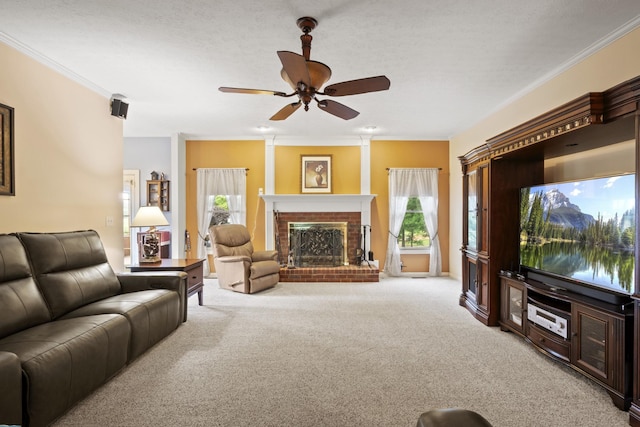 3615 Legacy Dr, Springfield, TN 37172 - living area featuring carpet flooring, ceiling fan, ornamental molding, and a fireplace