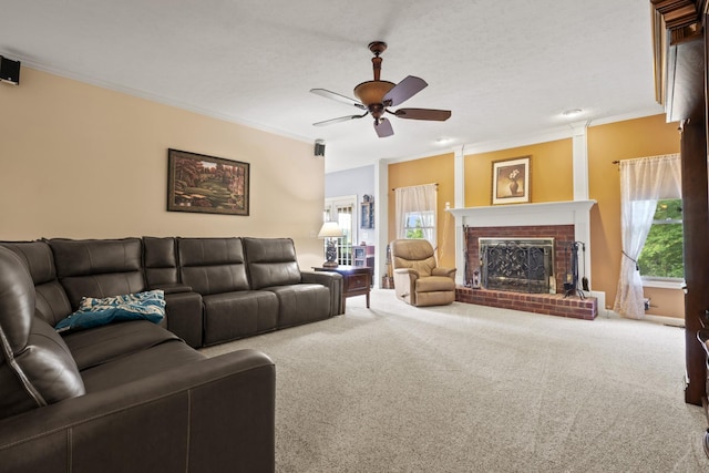 3615 Legacy Dr, Springfield, TN 37172 - carpeted living area featuring a ceiling fan, a brick fireplace, and ornamental molding