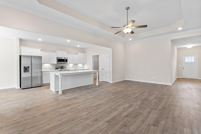1129 Bluecreek Cir, Murfreesboro, TN 37129 - kitchen with appliances with stainless steel finishes, open floor plan, a tray ceiling, ceiling fan, and recessed lighting