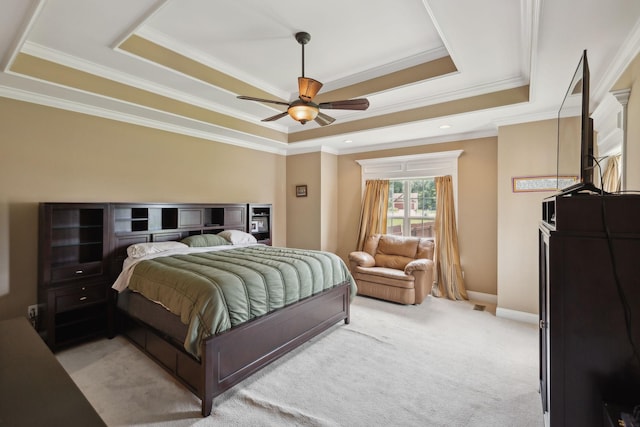 4322 Thoroughbred Ln, Murfreesboro, TN 37127 - bedroom featuring a raised ceiling, light colored carpet, crown molding, baseboards, and a ceiling fan