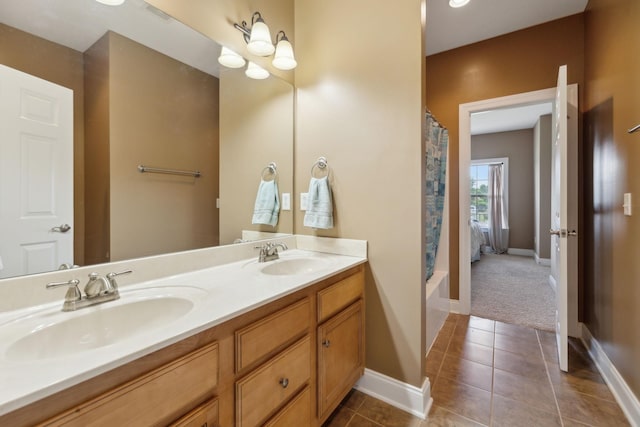 4322 Thoroughbred Ln, Murfreesboro, TN 37127 - full bath featuring double vanity, tile patterned flooring, baseboards, and shower / tub combo with curtain