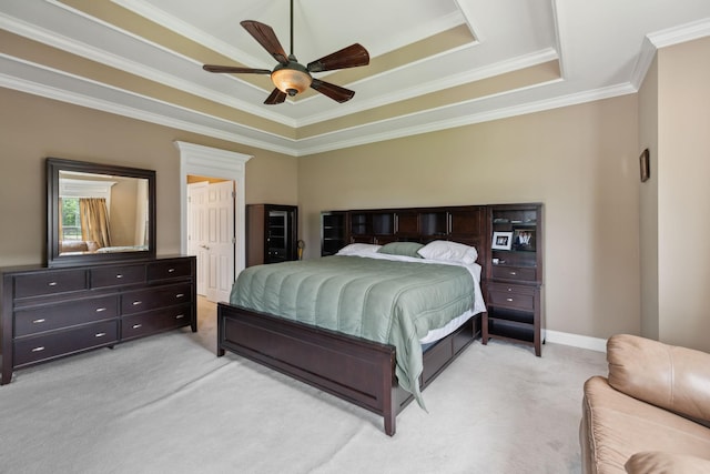 4322 Thoroughbred Ln, Murfreesboro, TN 37127 - bedroom with a tray ceiling, light carpet, ornamental molding, and a ceiling fan