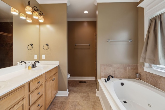 4322 Thoroughbred Ln, Murfreesboro, TN 37127 - bathroom with a garden tub, double vanity, crown molding, toilet, and baseboards