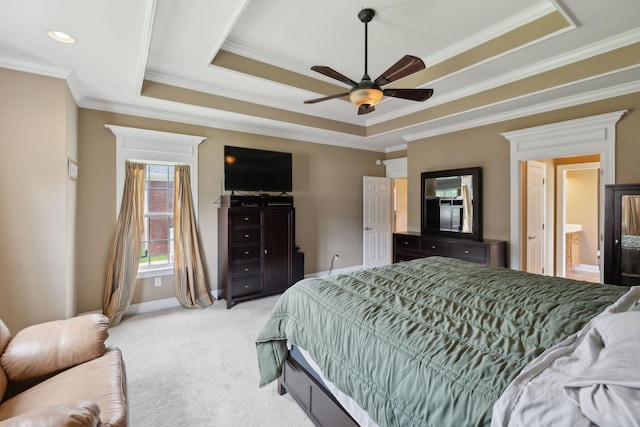 4322 Thoroughbred Ln, Murfreesboro, TN 37127 - bedroom with a raised ceiling, light colored carpet, ornamental molding, baseboards, and ceiling fan