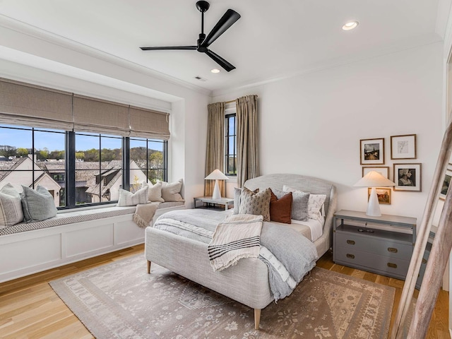 9021 Passiflora Ct, College Grove, TN 37046 - bedroom with wood finished floors, crown molding, a ceiling fan, and recessed lighting