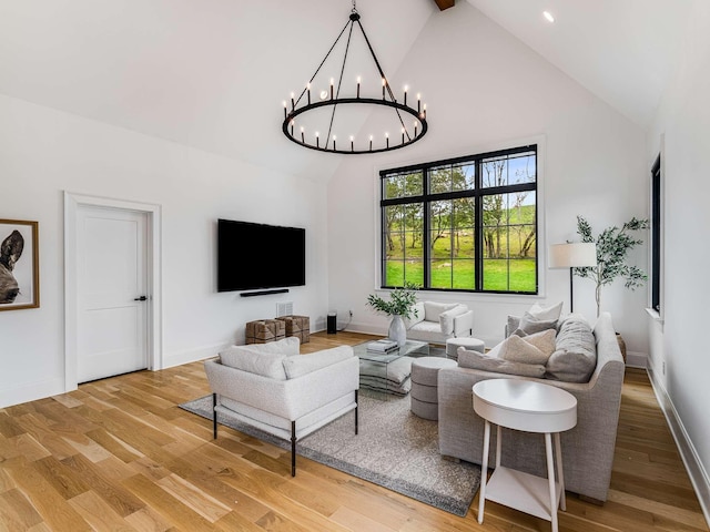 9021 Passiflora Ct, College Grove, TN 37046 - living room featuring a chandelier, high vaulted ceiling, wood finished floors, baseboards, and recessed lighting